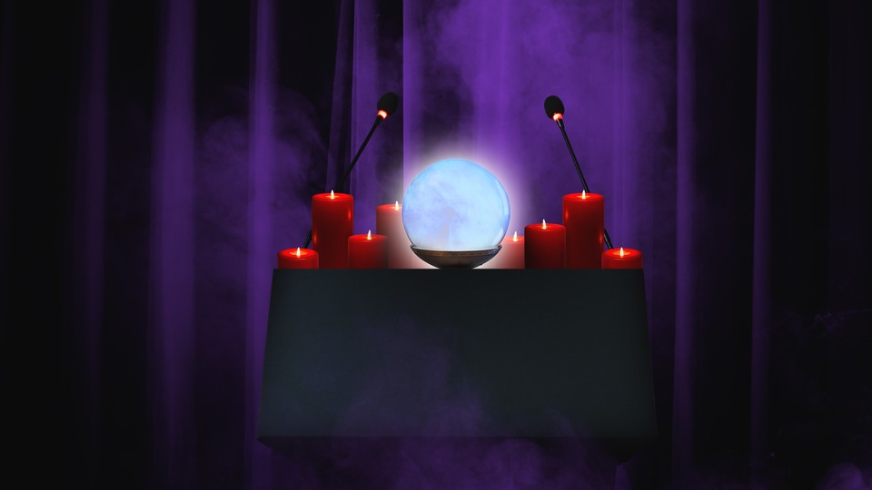 A speaker's lectern in a dark room, against a purple curtain, is crowded with candles and a glowing crystal ball.