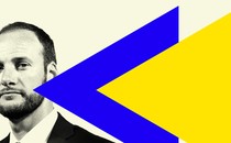 District Attorney Chesa Boudin is featured with blue and yellow triangles on a light-yellow background