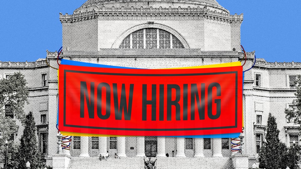 Columbia's library with a cartoonishly large and bright NOW HIRING sign hanging over it