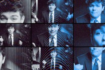 Nine squares of Nick Fuentes making various facial expressions and hand gestures, with some of the squares tinted blue