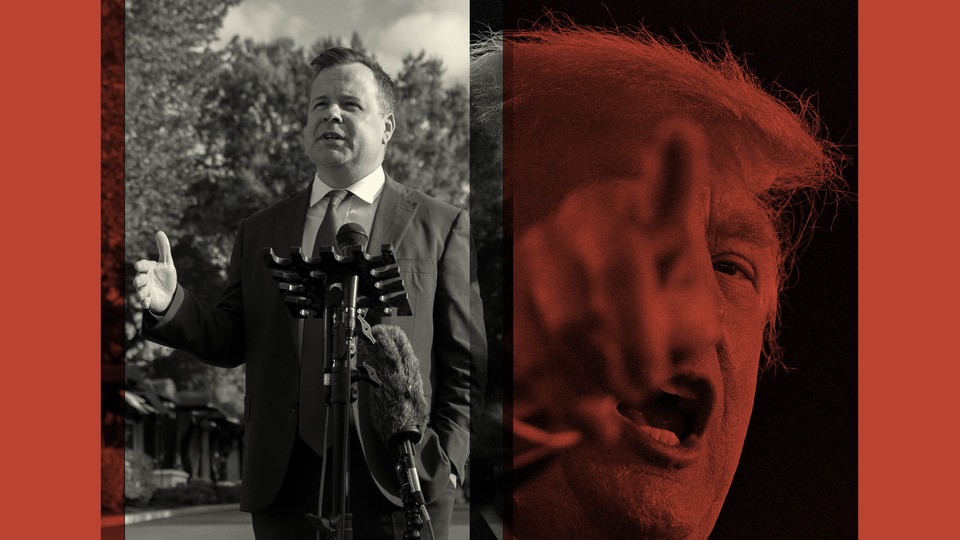Dipytch of a black-and-white photo of Bill Pulte in front of a microphone (left) and a red-saturated photo of Trump pointing his finger and talking (right).