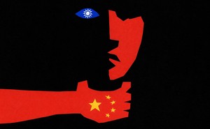 An illustration of a hand with the Chinese flag around the neck of a face represented by a Taiwan flag