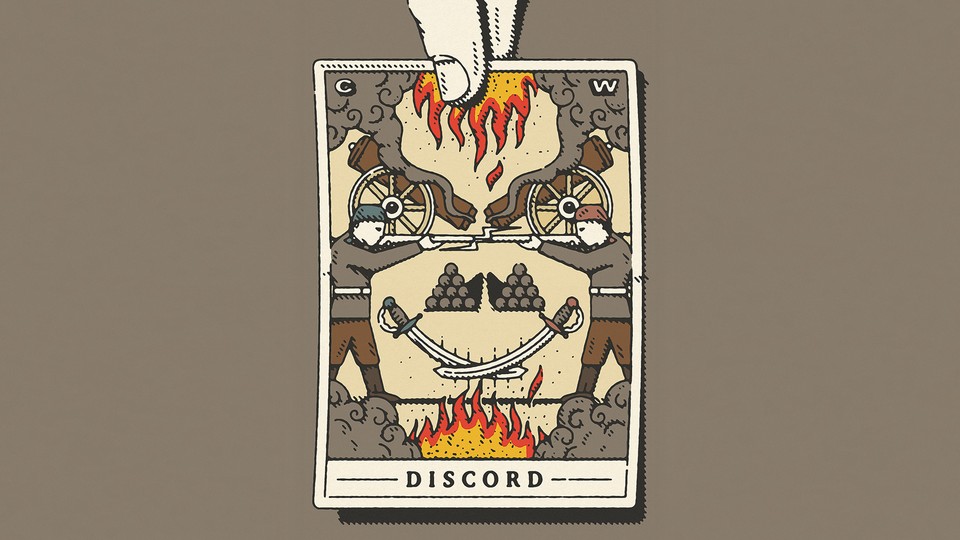 illustration of hand holding a card that says DISCORD at the bottom, with cannons, flames, riflemen, and swords that form the shape of a face