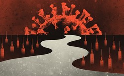 A road meanders through a field of syringes, which look like trees, toward a giant virus, which looks like a setting sun.