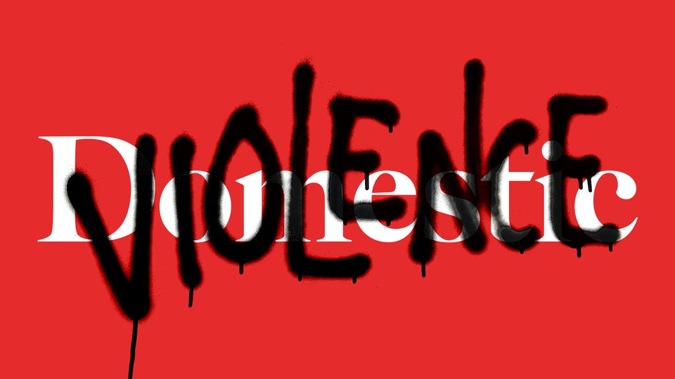 On a red background, the word "domestic" is typed in white, over which the word "violence" appears to be spray-painted in black