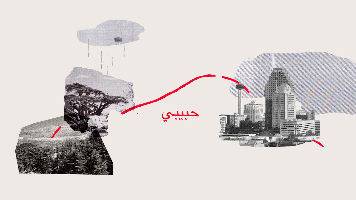 A red line goes between collage images of Lebanon and Texas