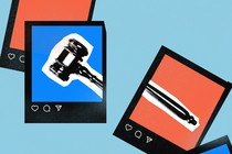 Scattered, cut-out Instagram-like posts depicting a gavel on a red and blue background