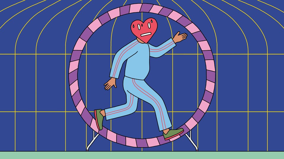 A person with a heart on their head running in a hamster wheel