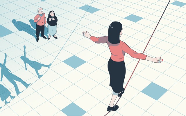 An illustration of two parents watching their daughter walk across a tightrope.