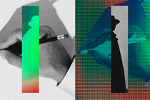 Collage showing a hand with a pencil and a cloaked figure