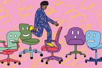 illustration of a person walking from office chair to office chair with various expressions on them