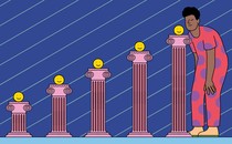 An illustration showing a man examining five pillars of happiness.