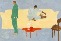 An illustration showing a figure seated on a couch playing with a child, and another standing with their back to the child