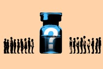 A graphic showing a variety of people next to a vaccine vial, which has a question mark on it