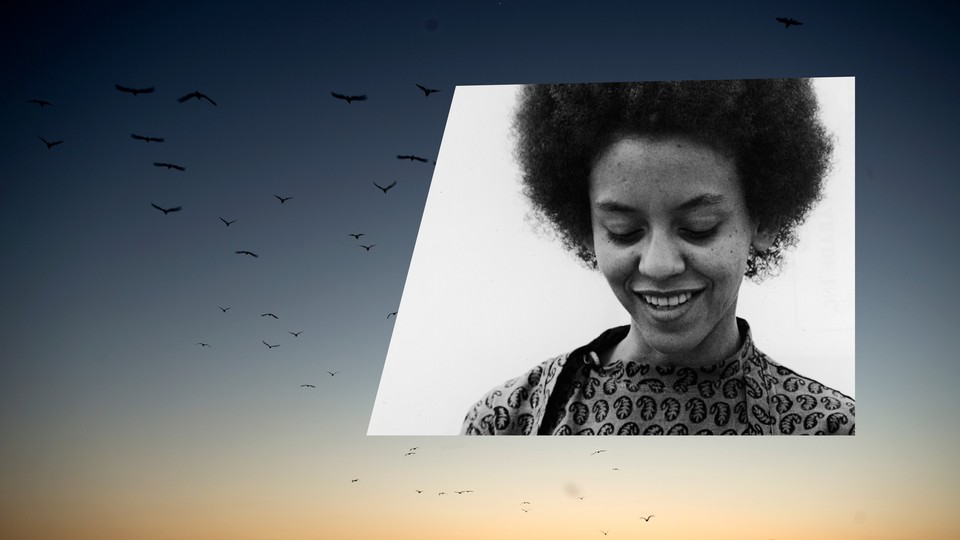 Photo collage of Nikki Giovanni smiling, her eyes cast downward, and a sky full of birds.