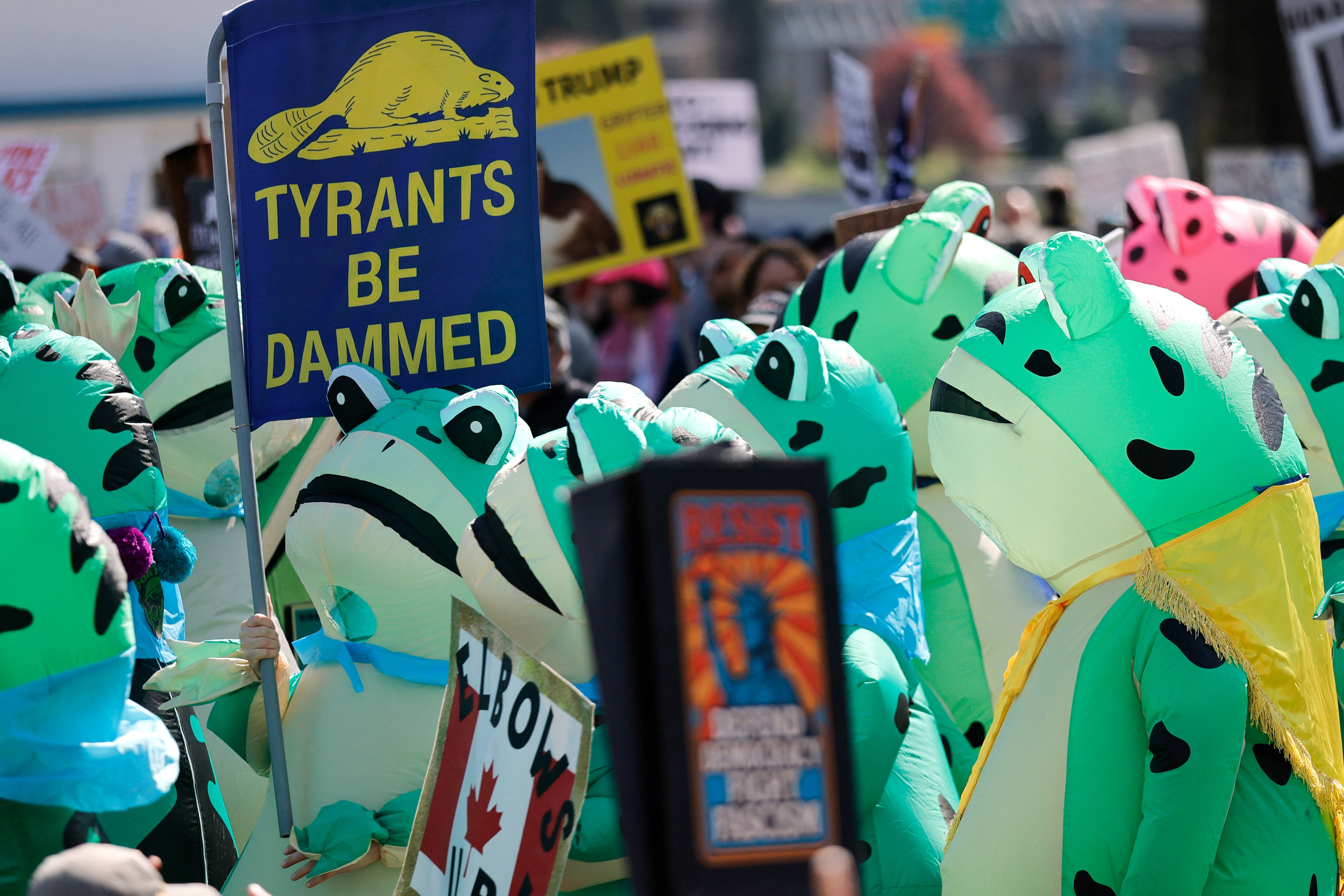 A group of protesters wearing inflatable frog costumes, one holds a sign with an illustration of a beaver that reads