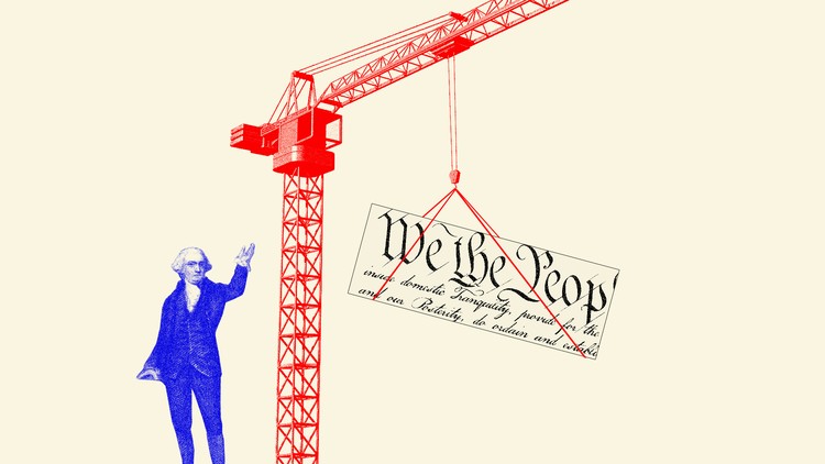 A photo illustration of a construction site, the Constitution, and a Founding Father