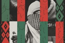 Illustration with pieces of Belarus map alternating in red and green with black and white photo of volunteer in hoodie with face hidden by scarf