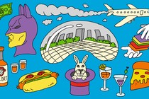 An illustrated collage on a blue background, showing the Chicago bean, an airplane, Batman, deep-dish pizza, cocktails, a rabbit coming out of a hat, and other elements.