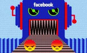 Illustration of a machine eating mad emojis
