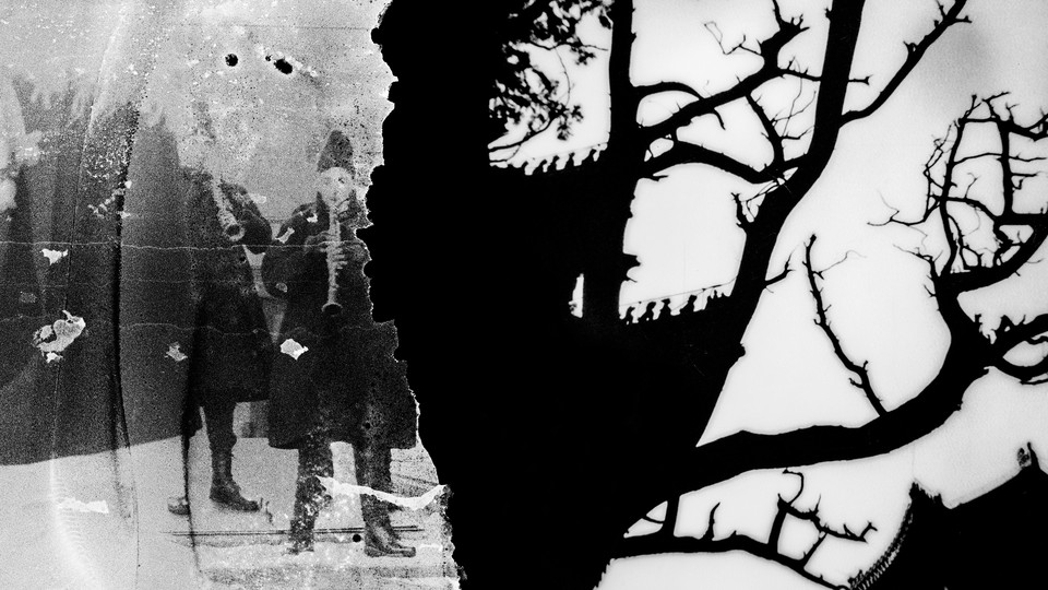 A black-and-white collage of clarinetists in warm clothing (left) and the outline of a tree and buildings against a cloudy sky.