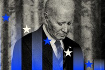 Photo-illustration of a black-and-white photo of Joe Biden looking downcast, overlaid with a graphic of blue-and-white stars and strips descending from left to right