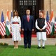 U.S. President Donald Trump and first lady Melania Trump pose with Indian Prime Minister Narendra Modi in New Delhi.