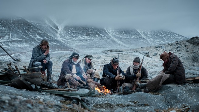 Jack O'Connell as Patrick Sumner, Roland Møller as Otto, Gary Lamont as Webster, Sam Spruell as Cavendish, Gerry Lynch as Cook and Philip Hill-Pearson as Mckendrick - The North Water _ Season 1, Episode 3