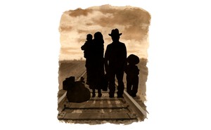 illustration of a family standing on a train track in silhouette
