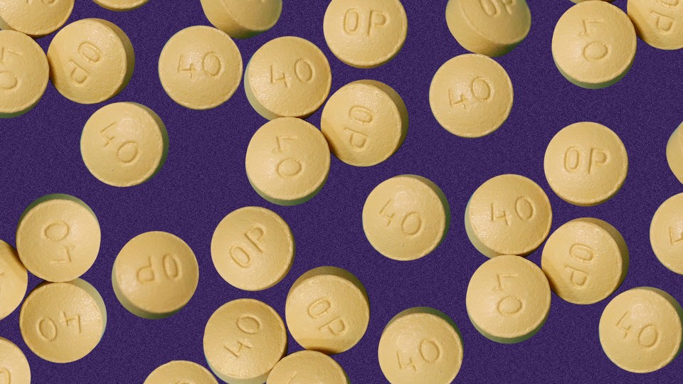 OxyContin pills against a purple background