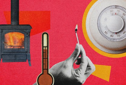 A collage with images of a furnace, a thermostat, and a match