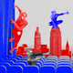 A movie theater with a city skyline on the screen, overlaid with photos of Spider-Man