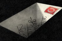 illustration of a deep postcard-shaped hole,with red stamp in one corner, the handwritten address has fallen in, on black background