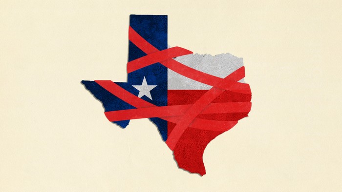 An image of Texas wrapped in red tape
