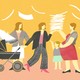 group of women with a baby carriage and a stack of paper
