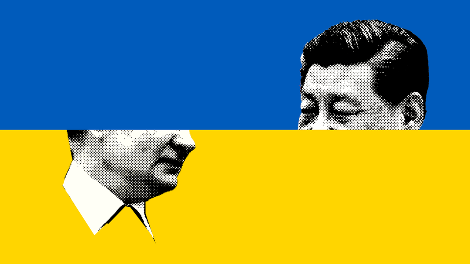 A Ukrainian flag with images of Xi Jinping and Vladimir Putin