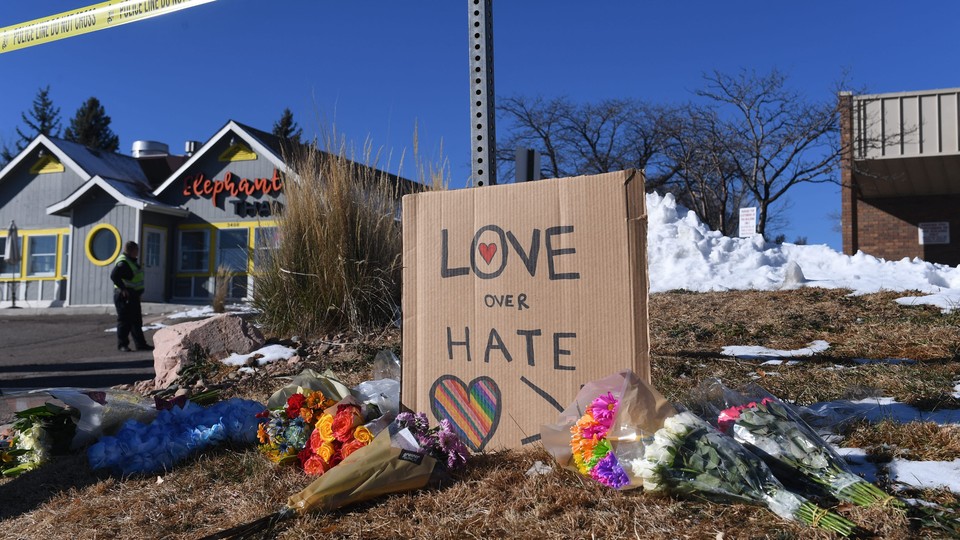 A makeshift memorial to victims of the Club Q shooting in Colorado Springs