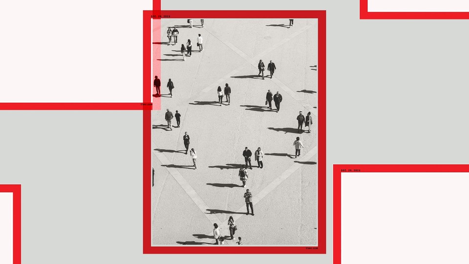 A black-and-white aerial photo shows dozens of people walking across a large open plaza, their long shadows stretching diagonally across the ground. The scene is framed by a bold red border resembling a Time magazine cover, with the date “Dec. 29, 2025” printed at the top.