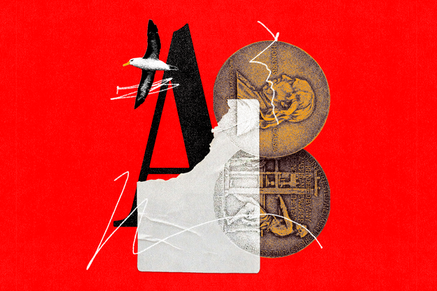Illustration with Atlantic "A: logo, torn mailing label, albatross, two sides of a coin, and white scribbles on red background