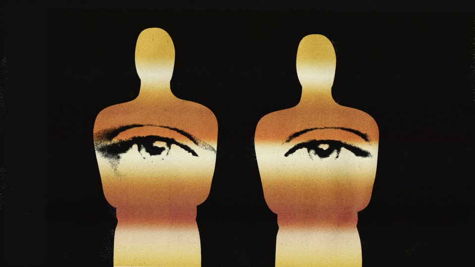 An illustration of two Oscar awards with a pair of eyes superimposed on top