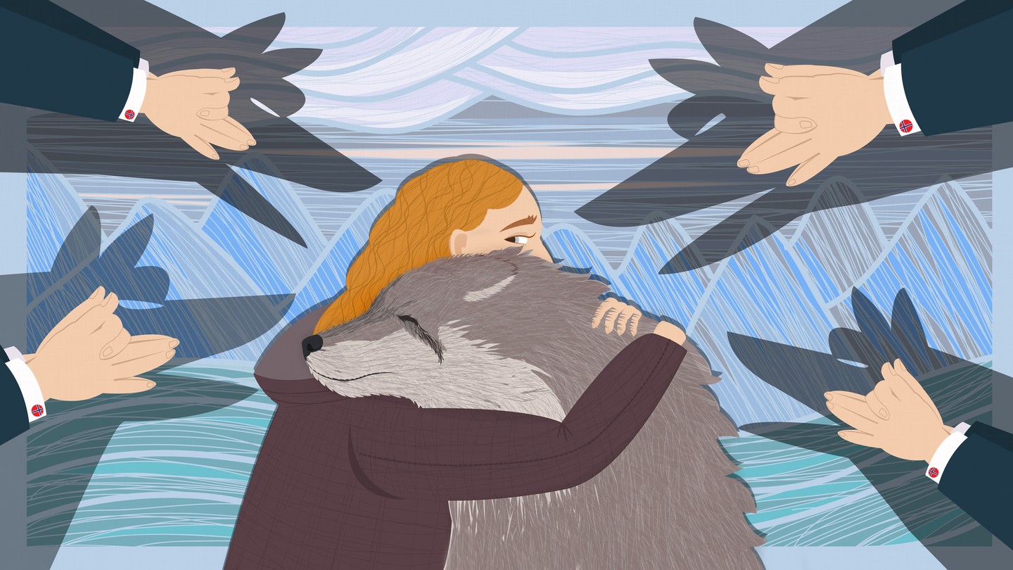 An illustration of a woman hugging a wolf