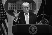 Black-and-white photo of Donald Trump speaking at a podium during a White House press conference.