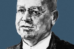 A black and white drawing of Hans Luther against a muted blue background