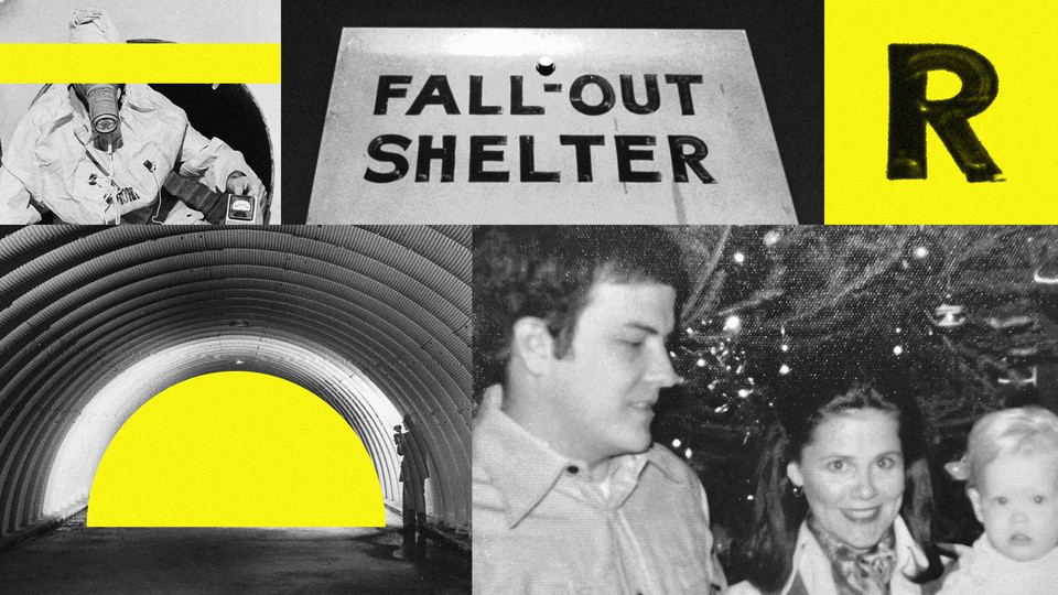 Photo collage on a bright yellow background: A bunker; a sign reading "fall-out shelter;" a person wearing a gas mask; a family photo of a man, woman, and young baby