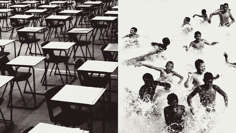 Black-and-white side-by-side images of empty desks and kids playing in water