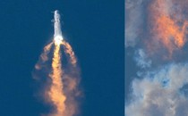 At left, a photograph of SpaceX's Starship rocket flying in mid-air, engines blazing; at right, a photograph of white smoke left behind after Starship exploded