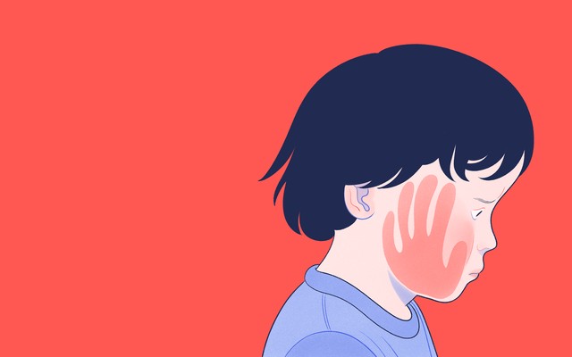 An illustration of a child with a hand imprint on his face.
