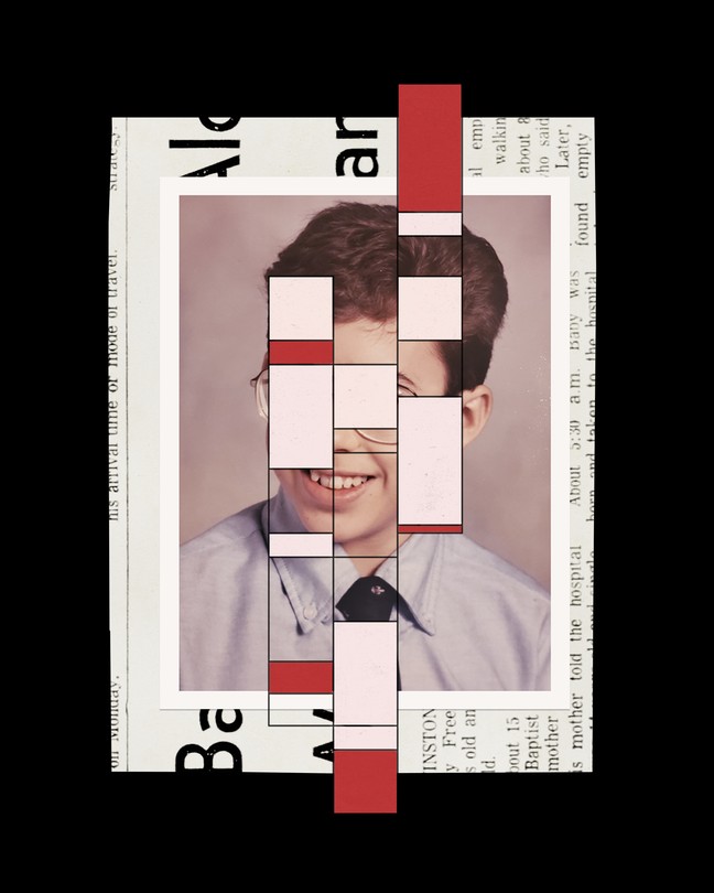 collage with photograph of a child obscured by dna strips