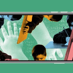 A collage illustration of children working at desks, with images of braille behind them, in the screen of an iPhone