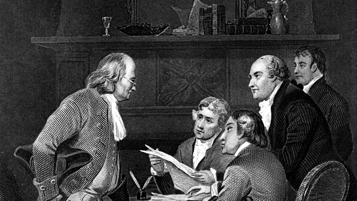 A black and white sketch of Benjamin Franklin, Thomas Jefferson, John Adams, Philip Livingston, and Roger Sherman drafting the Declaration of Independence.